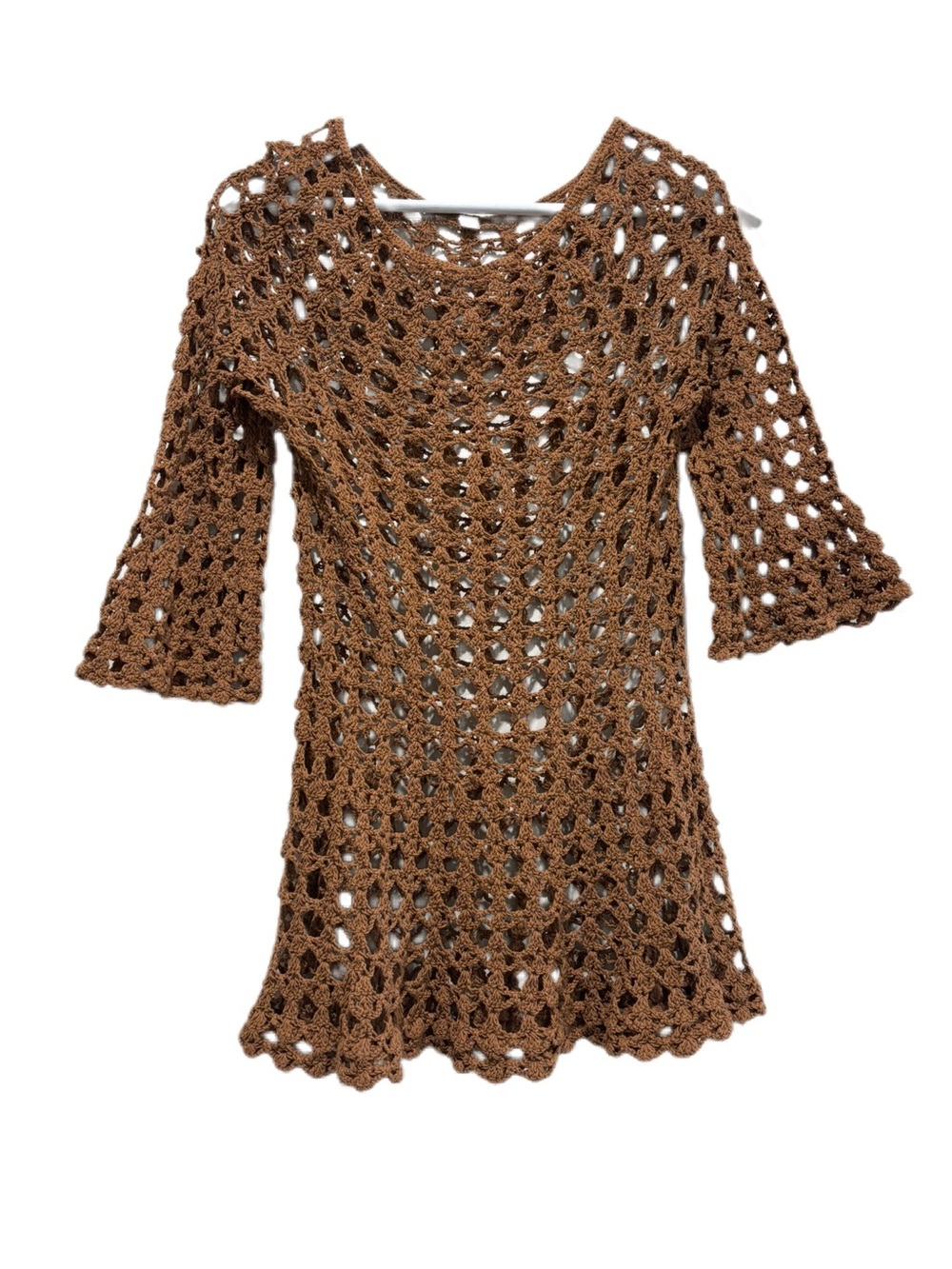 Handmade Brown Open-Knit Crochet Tunic Top